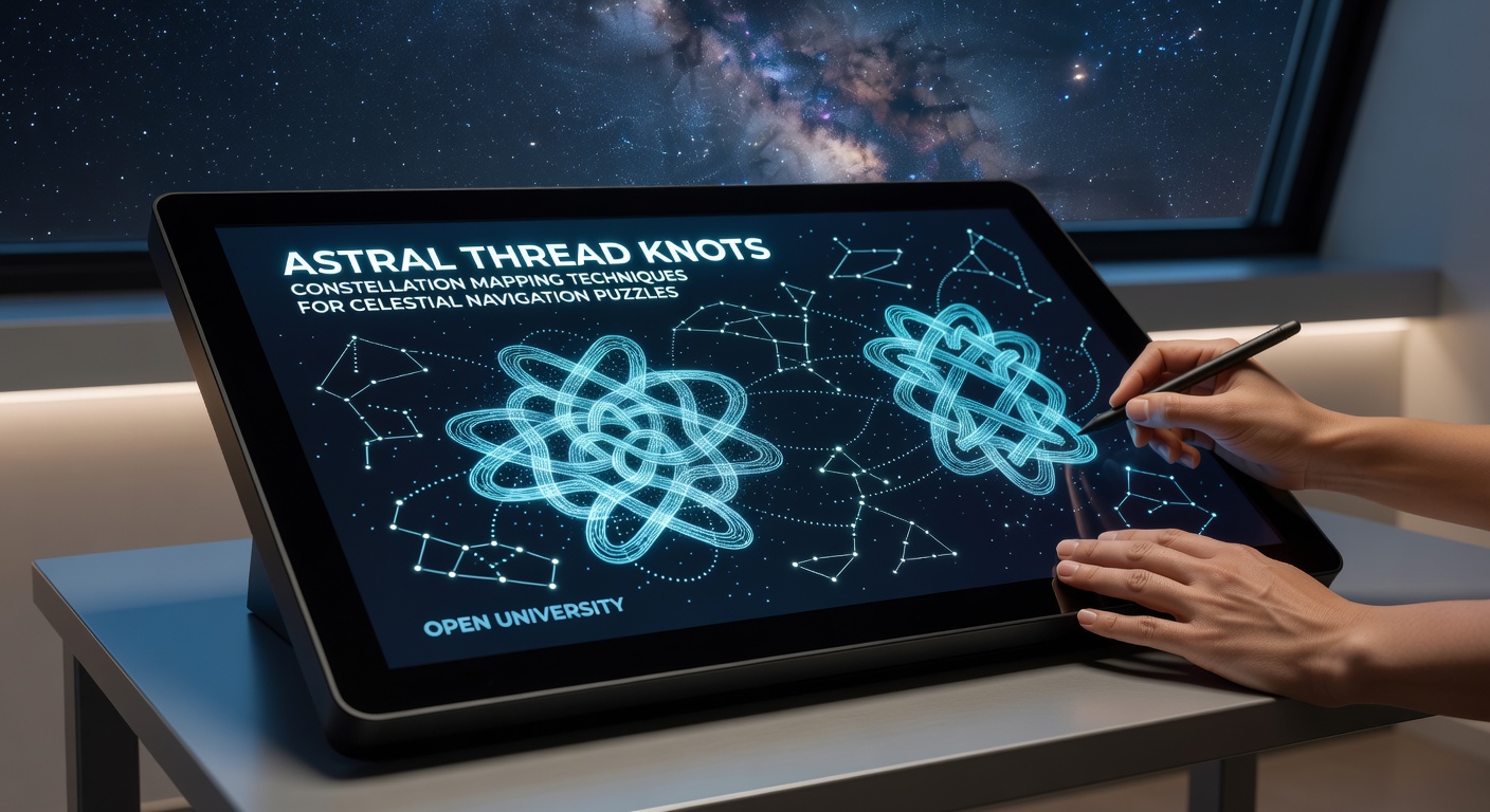 Interactive constellation mapping interface displaying thread knots overlaid on a procedurally generated star cluster