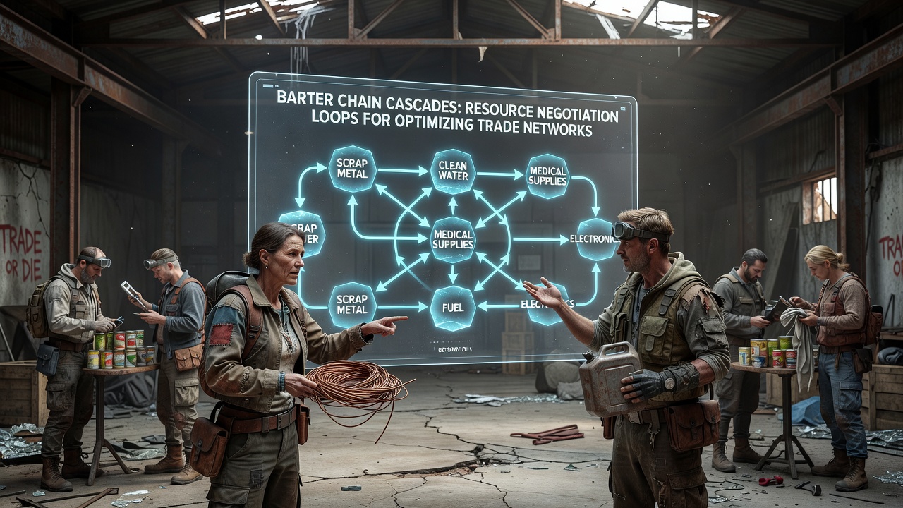 Detailed visualization of barter chain cascades showing interconnected resource trade loops in a post-apocalyptic settlement simulator