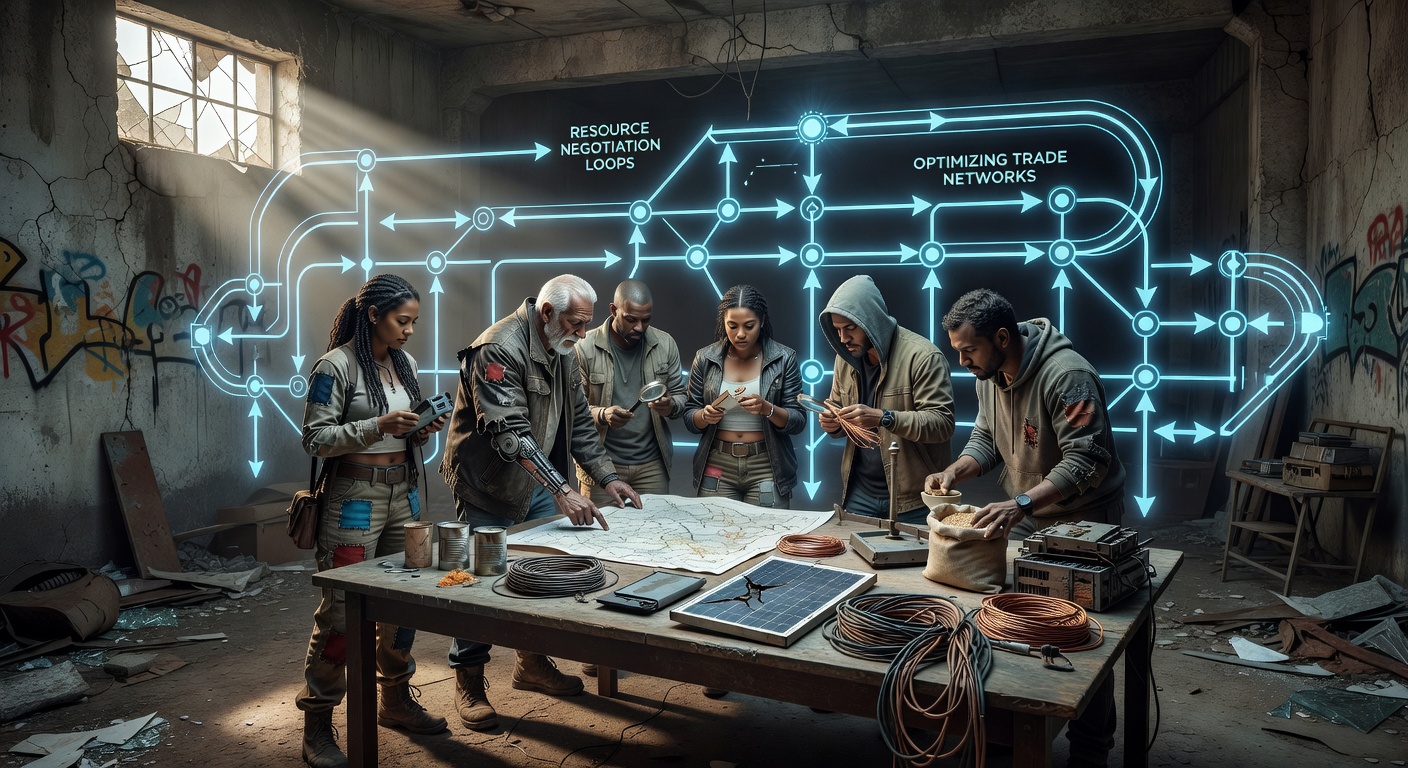 Interactive map view displaying active barter negotiation loops across multiple settlements in a post-apocalyptic simulator environment