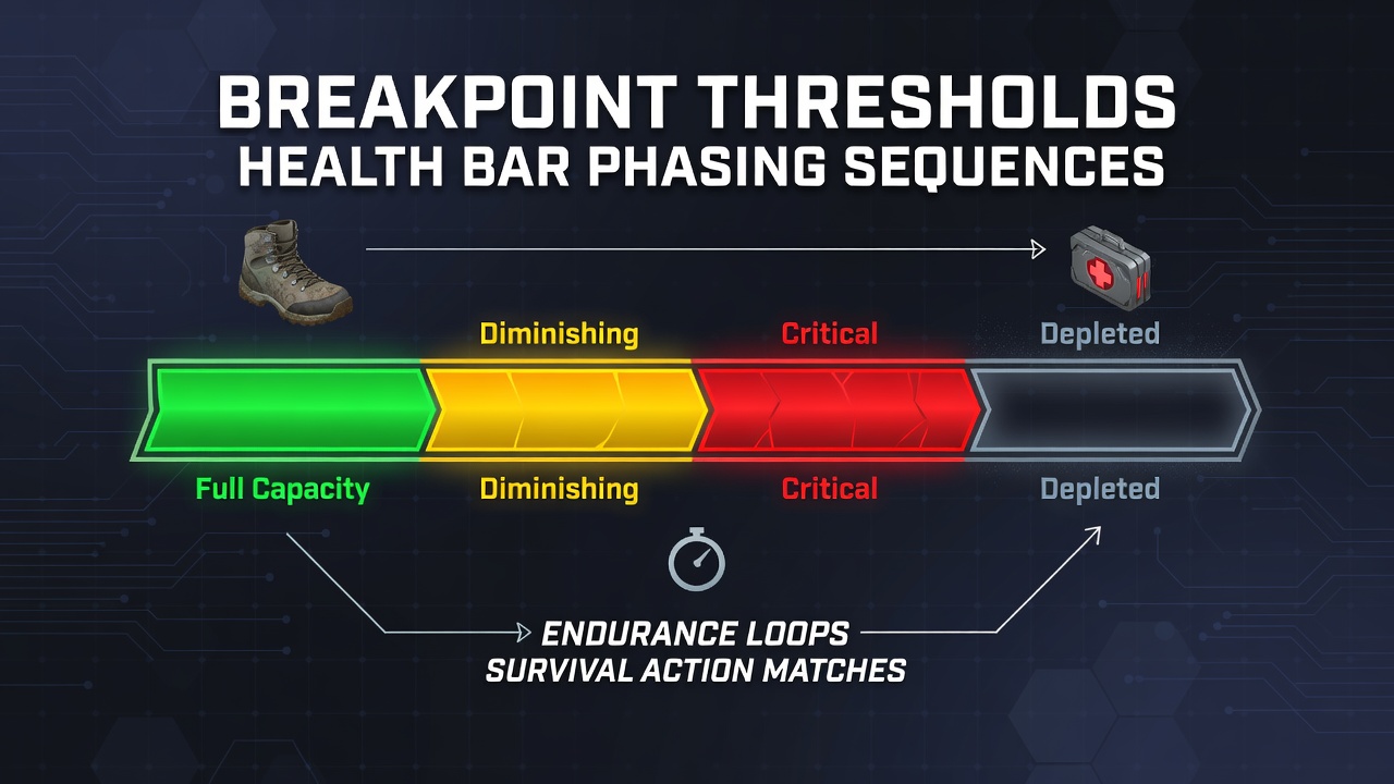 Diagram showing health bar phases and breakpoint thresholds in a survival action match