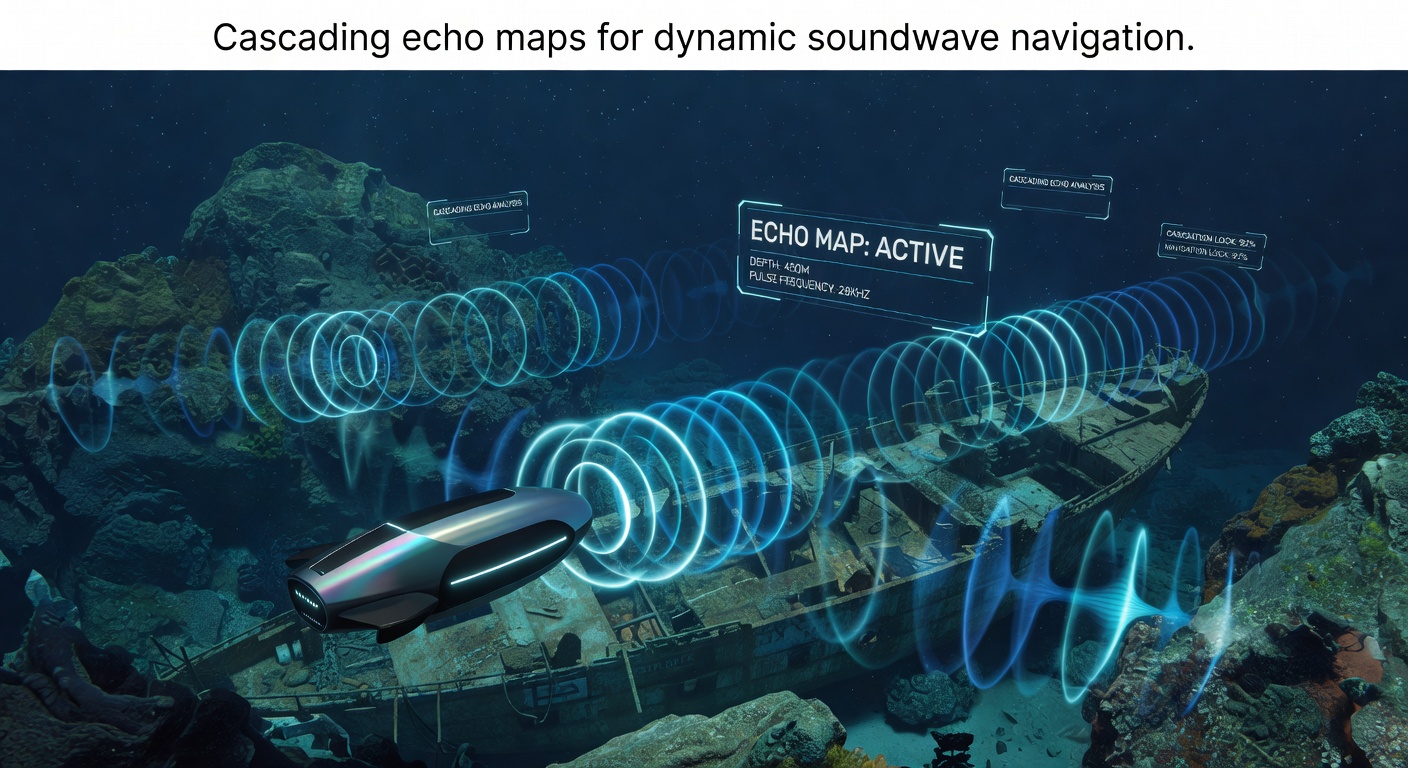 Underwater exploration scene showing cascading echo map overlays in a game environment with soundwave propagation visualized