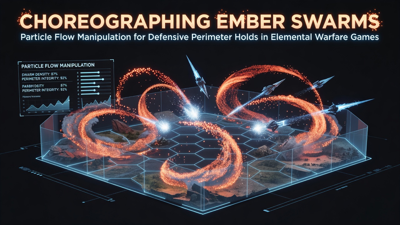 Ember swarm particles forming defensive perimeter patterns in an elemental warfare game environment
