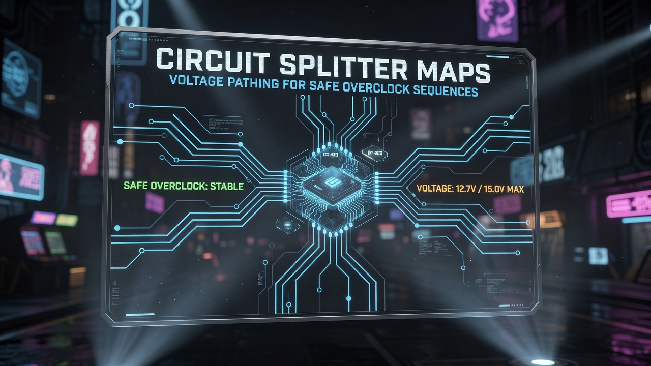 Circuit splitter map diagram showing voltage paths in a tech noir puzzle environment
