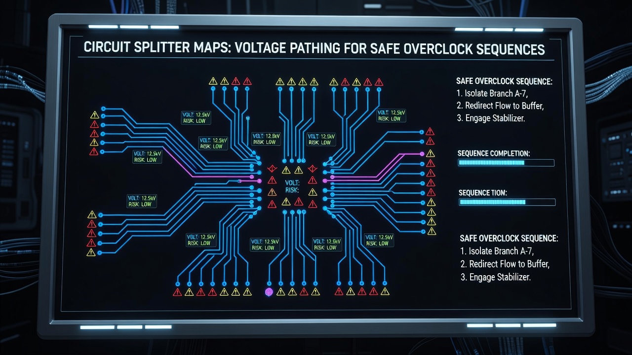 Player navigating a voltage pathing puzzle with highlighted overclock sequence in a neon-lit tech noir setting