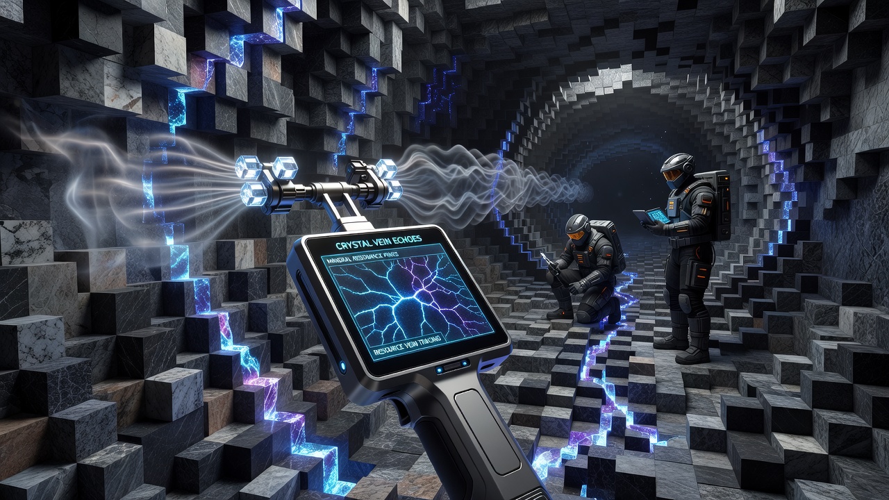 Voxel mining team deploying resonance ping equipment across a crystalline deposit