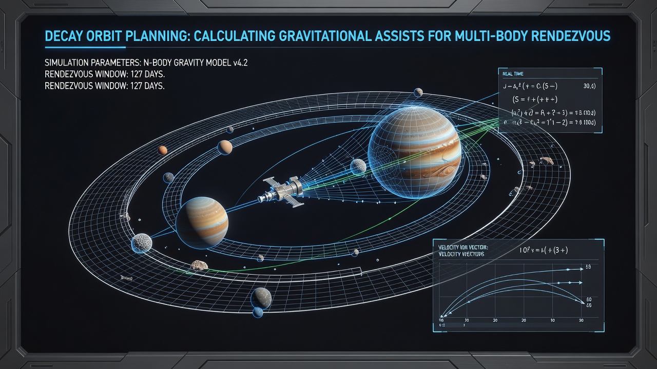 Simulation screenshot showing orbital paths and gravitational assist calculations in a spaceflight game environment