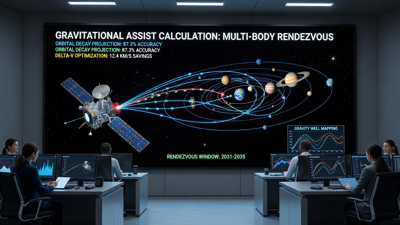 Detailed view of multi-body trajectory planning interface with assist vectors highlighted in a realistic space simulation