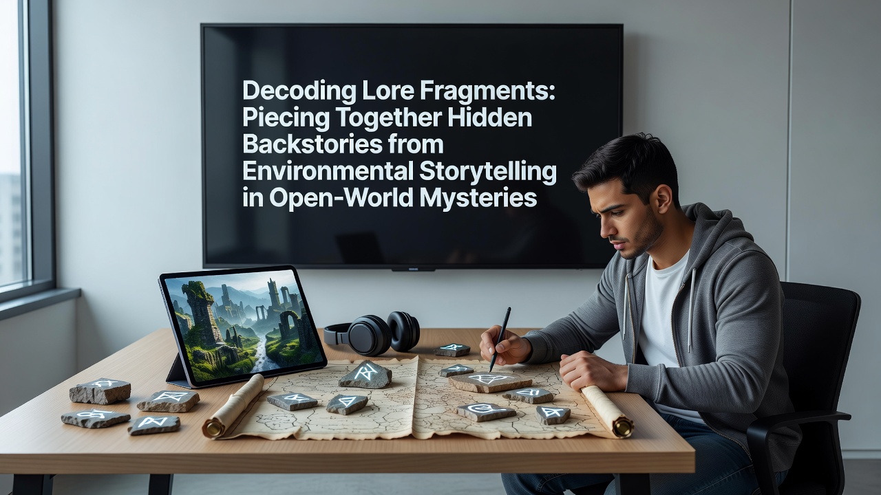 Explorers uncovering faded murals and scattered artifacts in a vast open-world ruin that hint at long-forgotten civilizations
