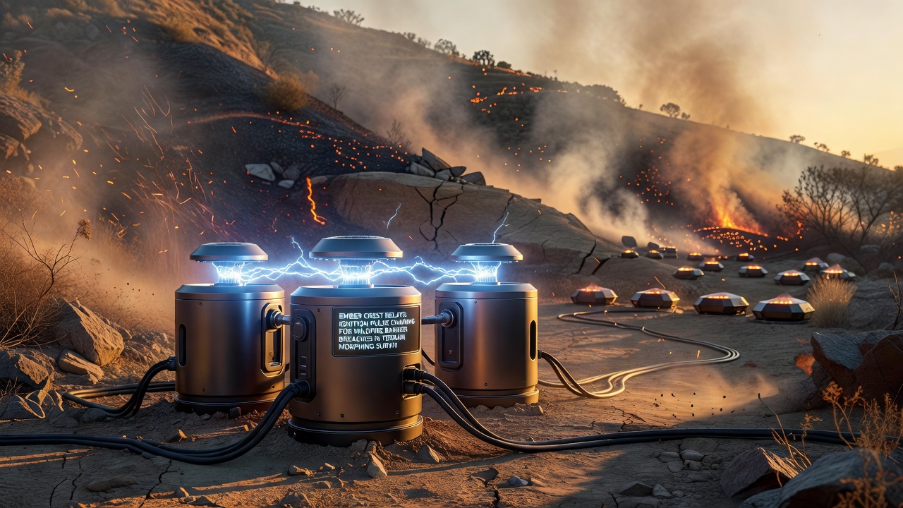 Mid-sequence view of chained ember relays creating a breach corridor through an active wildfire barrier on shifting terrain