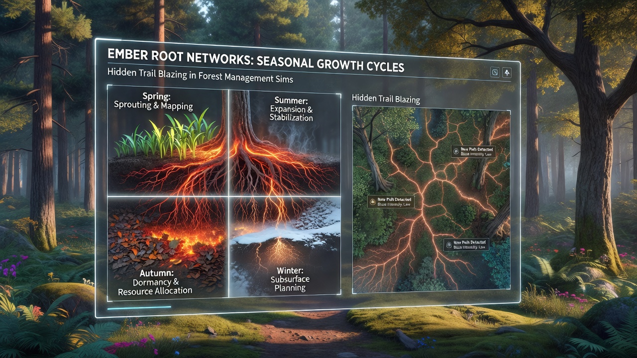 Seasonal ember root growth visualization showing trail networks across different forest biomes