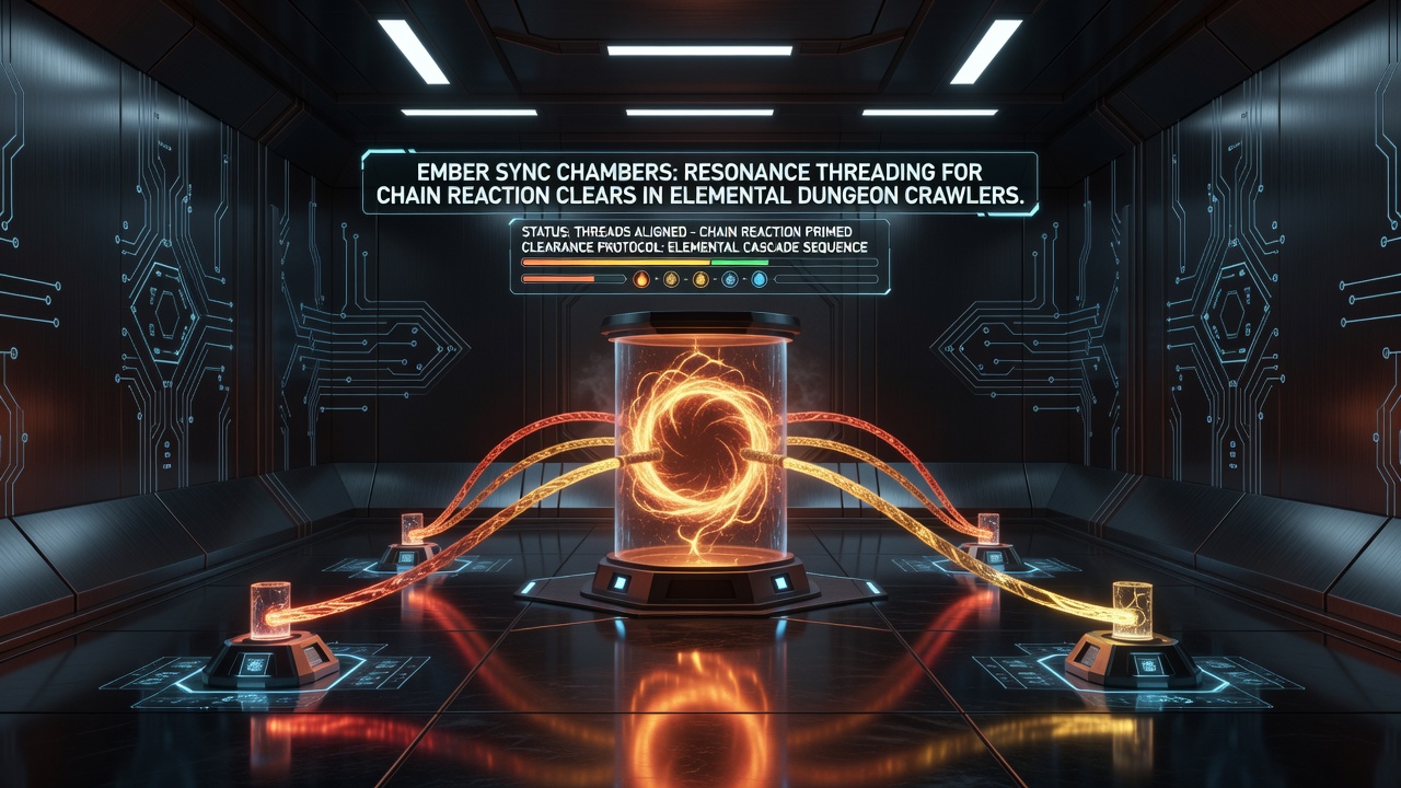 Diagram of resonance thread propagation creating chain reactions among elemental enemies in a dungeon crawler