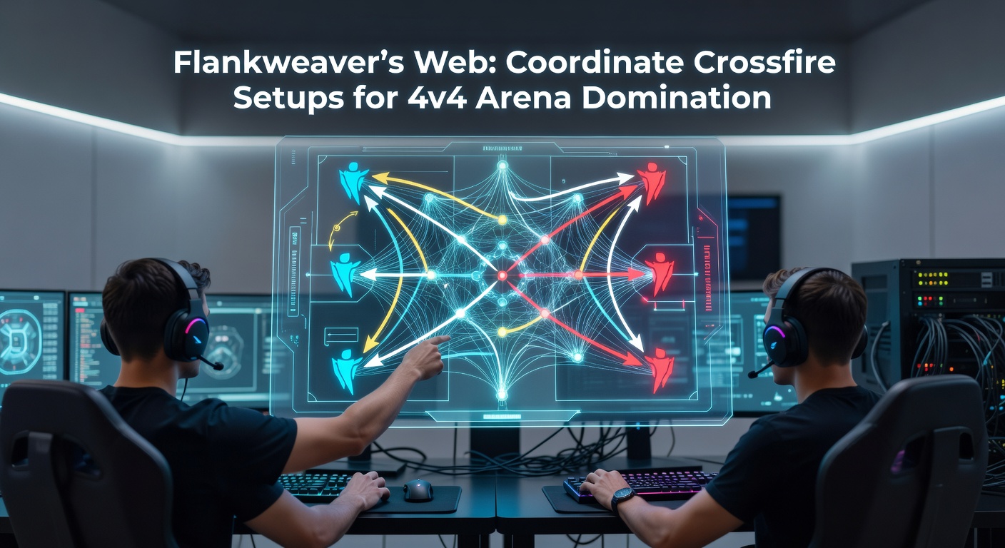 Detailed diagram showing four players forming a Flankweaver's Web crossfire pattern in a central arena zone, with arrows indicating movement paths and kill zones