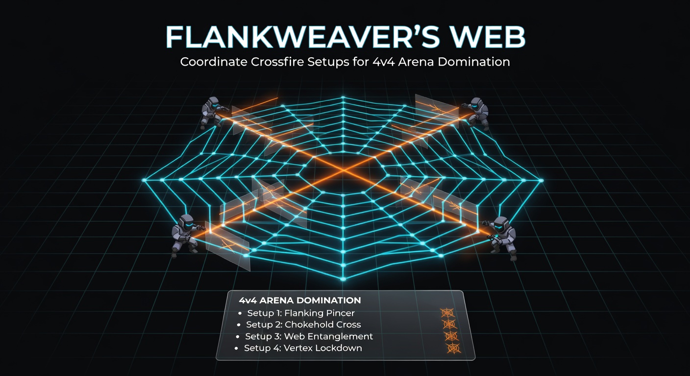 In-game screenshot of a Flankweaver's Web execution mid-match, capturing two enemies caught in overlapping fire from four teammates on a multi-level arena map