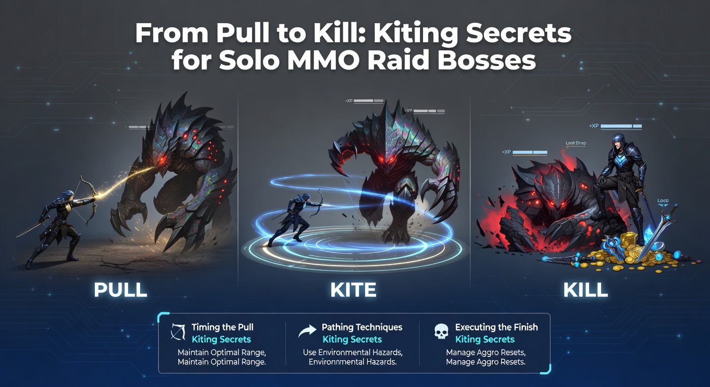 A solo player kiting a massive raid boss across a sprawling dungeon landscape in a popular MMO, dodging attacks while maintaining distance