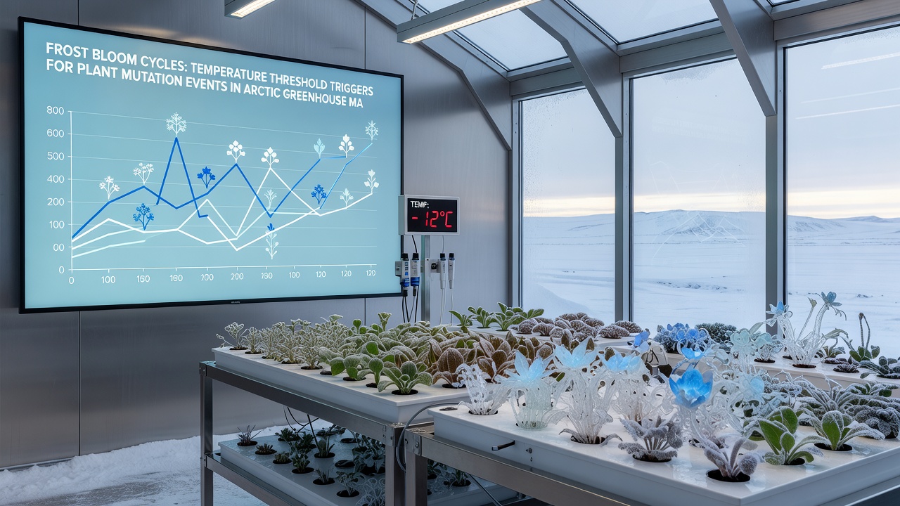 Close-up of temperature monitoring equipment and mutated plant specimens in an arctic greenhouse setting