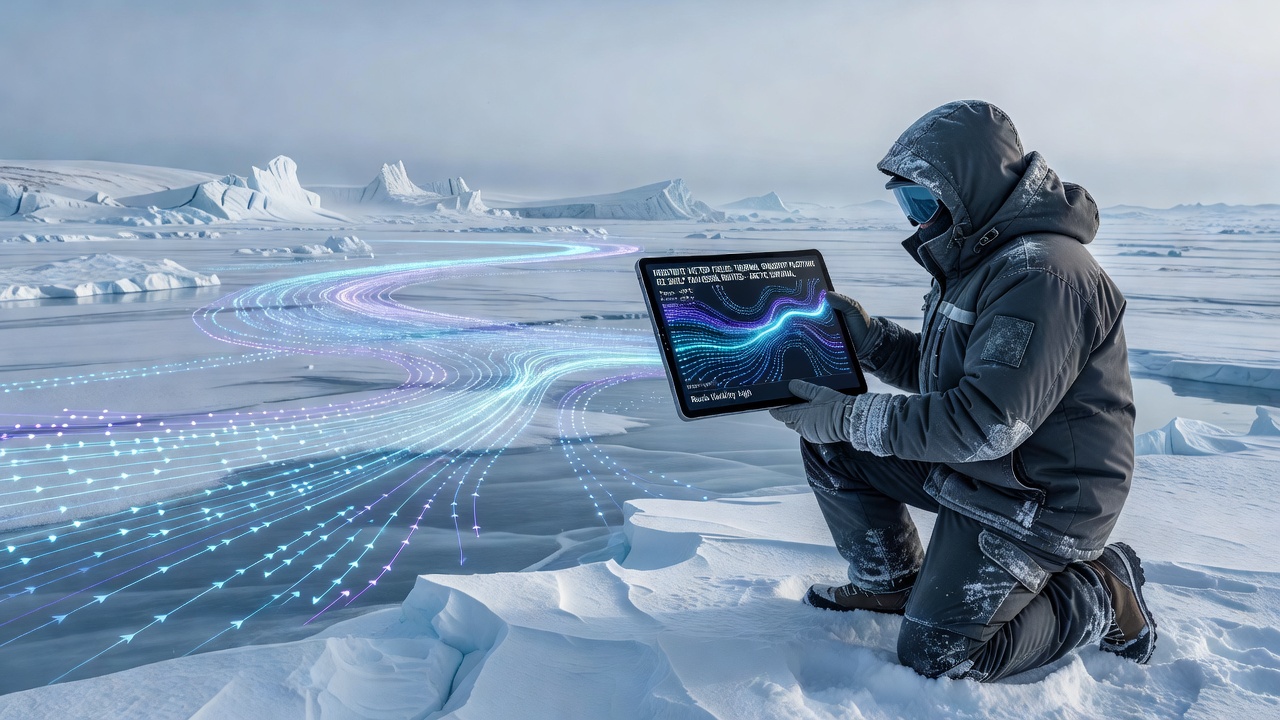 In-game interface displaying plotted ice shelf routes with thermal vectors and expedition team markers