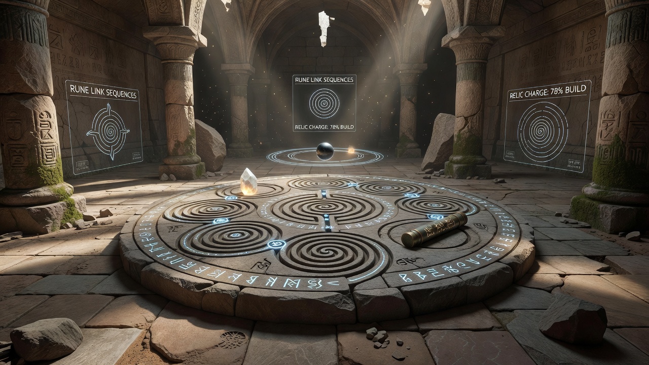 Player executing a multi-tier rune link sequence around relic nodes in a procedurally generated ruin chamber