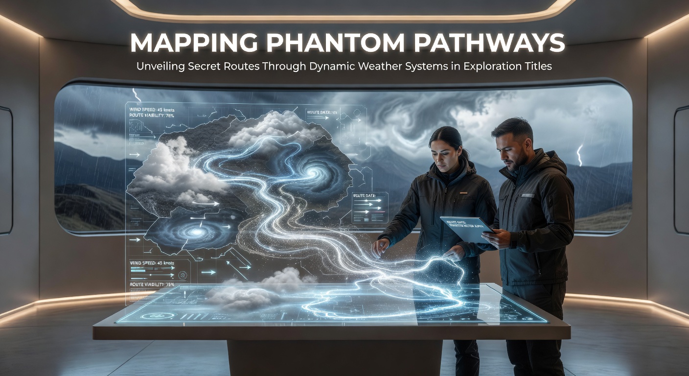 Exploration game scene showing dynamic weather altering terrain paths with fog, rain, and wind effects revealing hidden routes