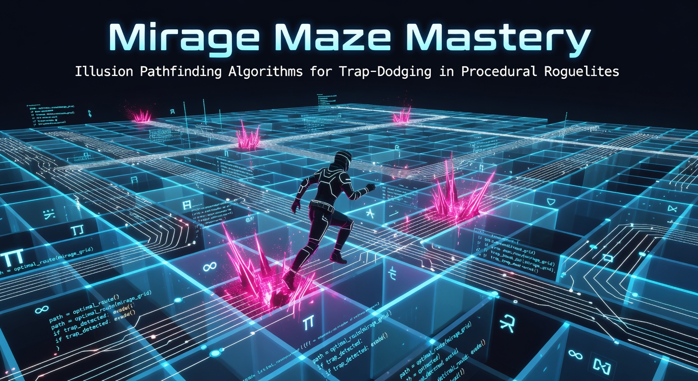 A dimly lit procedural maze in a roguelite game, featuring illusory walls that shift and reveal hidden traps as a character navigates twisting paths