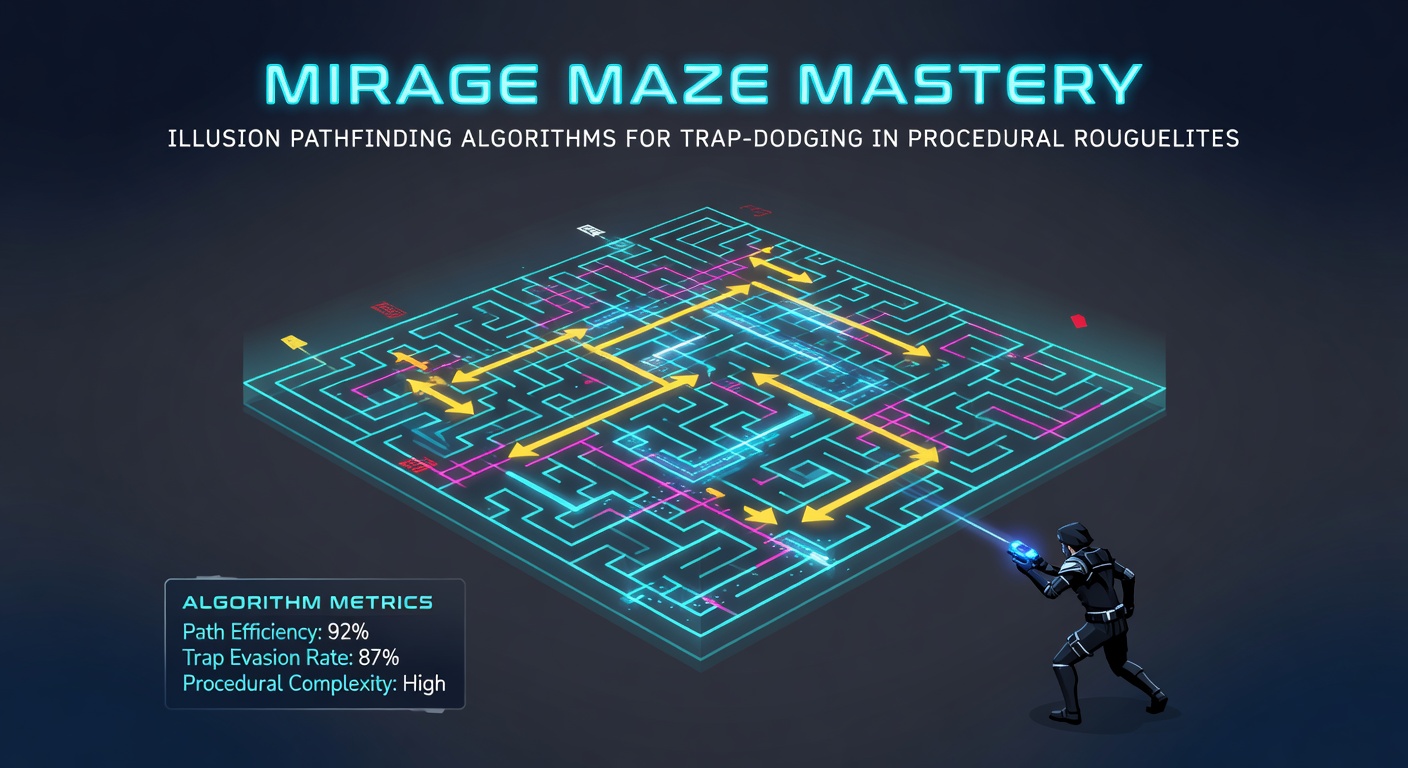 Close-up of an AI pathfinding overlay in a roguelite maze, highlighting green safe paths weaving around red illusory traps and yellow spike hazards