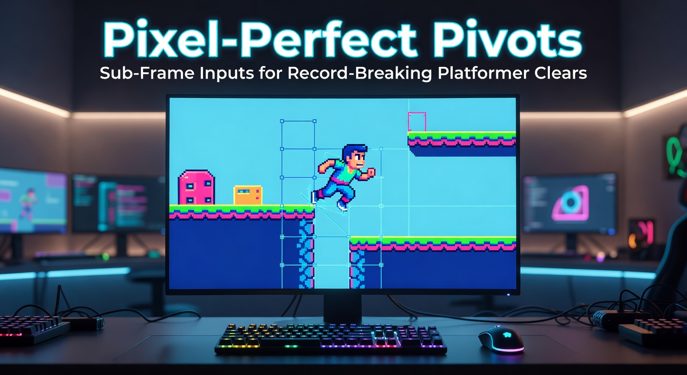 Close-up frame analysis of a character executing a sub-frame pivot in a classic platformer, highlighting input timing overlays and pixel-level trajectory shifts