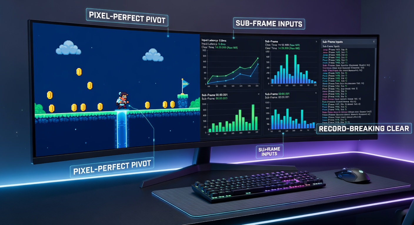 Split-screen comparison of failed versus successful pixel-perfect pivot in a high-speed platformer section, with trajectory lines and input timelines overlaid