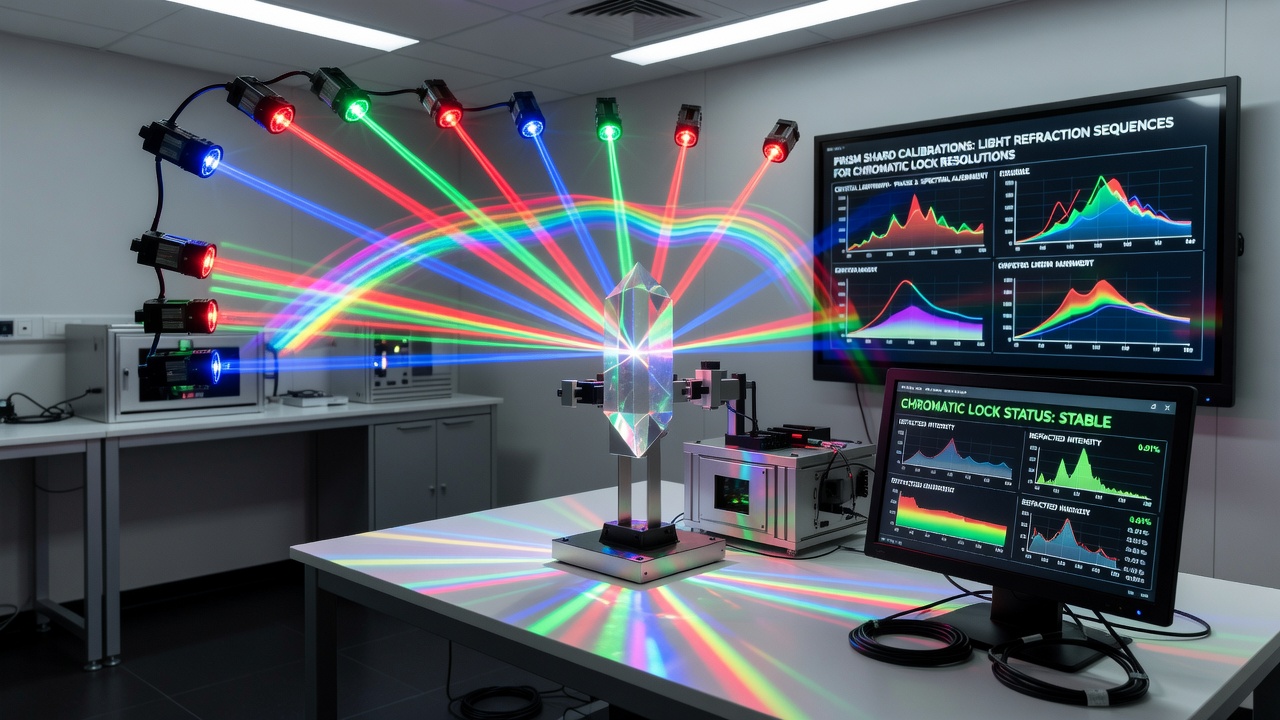 In-game screenshot of a resolved chromatic lock with multiple light beams intersecting at prism shards