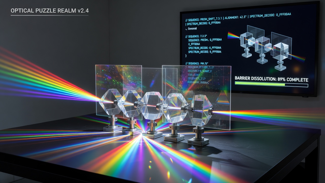 In-game screenshot of spectrum decoding sequences dissolving an optical barrier