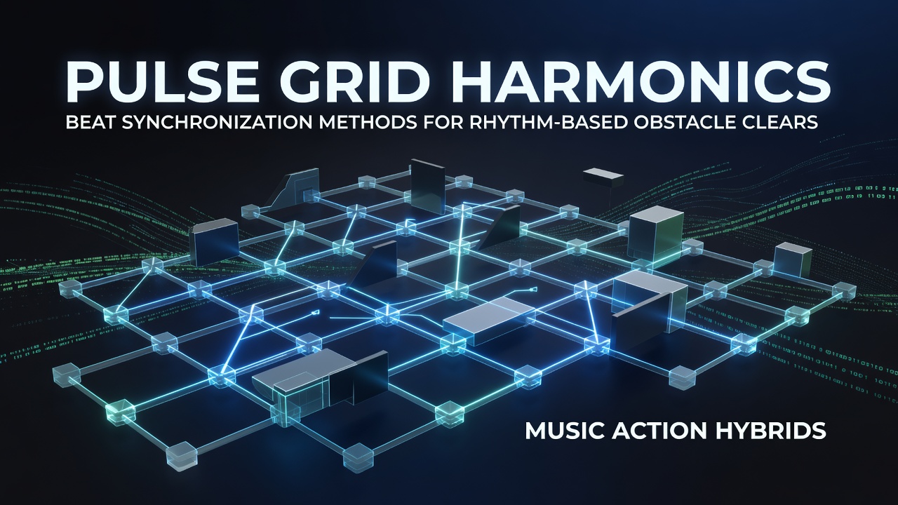 Diagram showing pulse grid harmonics visualization in a rhythm action game interface with synchronized beat lines and obstacle paths