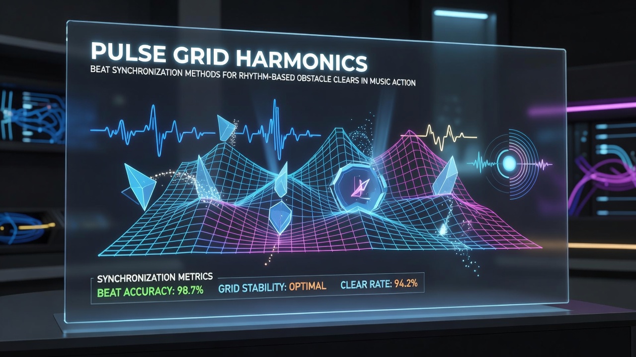 In-game screenshot of beat synchronization interface with highlighted pulse nodes clearing rhythm-based obstacles