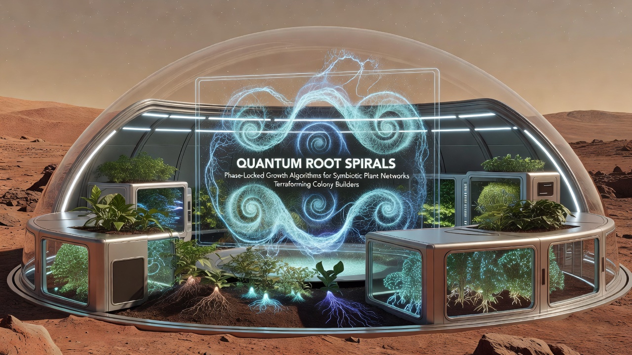 Visualization of quantum root spirals in a terraforming colony simulation showing phase-locked plant networks