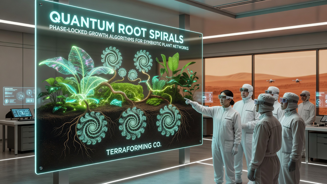 Detailed diagram of symbiotic plant network interactions driven by quantum root spiral algorithms in a colony builder environment