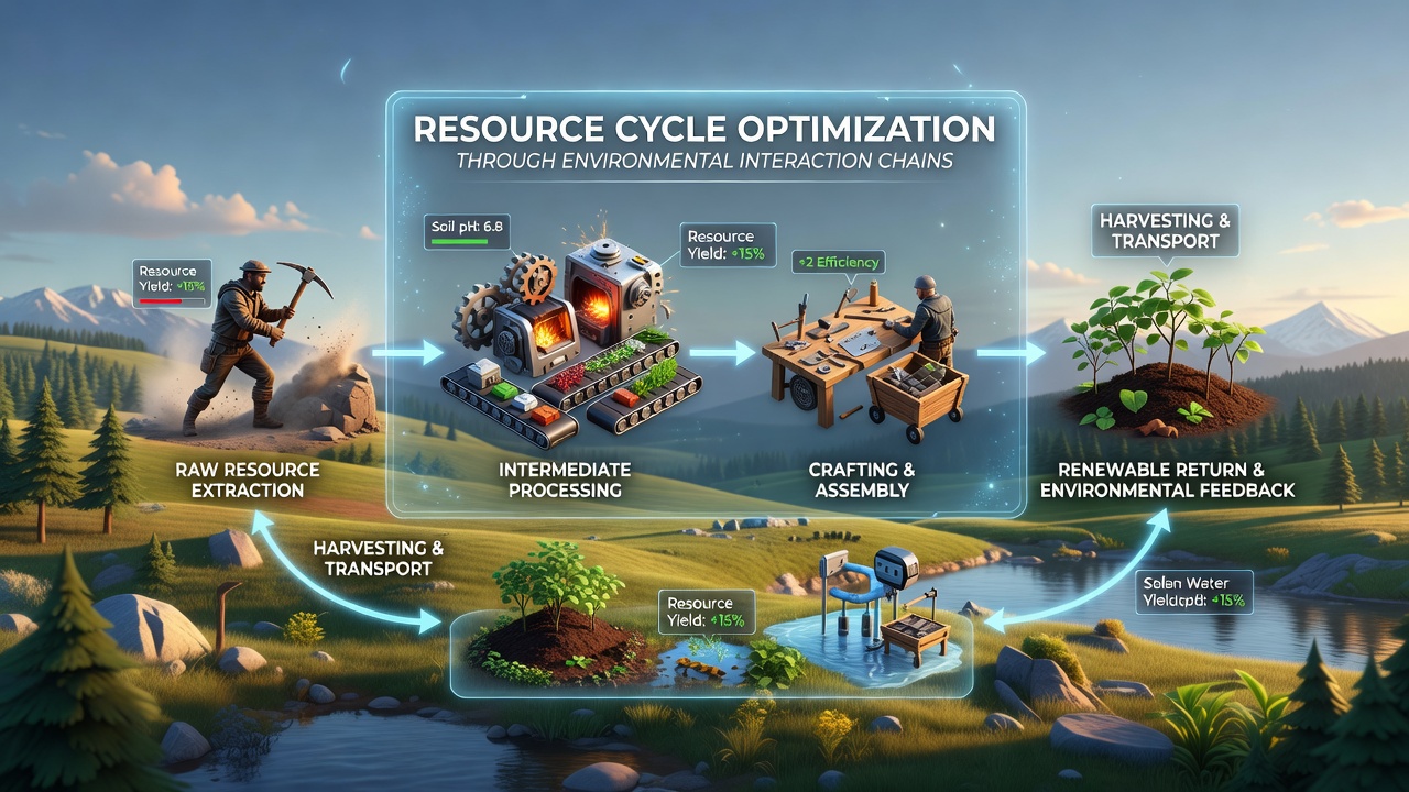 In-game screenshot of a player managing interconnected crafting nodes within a dynamic ecosystem