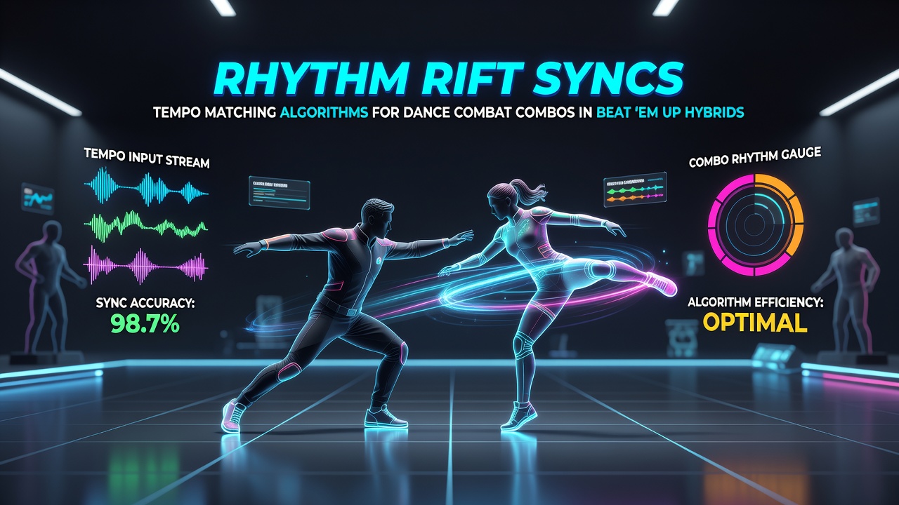 In-game screenshot of a character performing a synchronized dance-combat combo with beat indicators and tempo sync visuals active