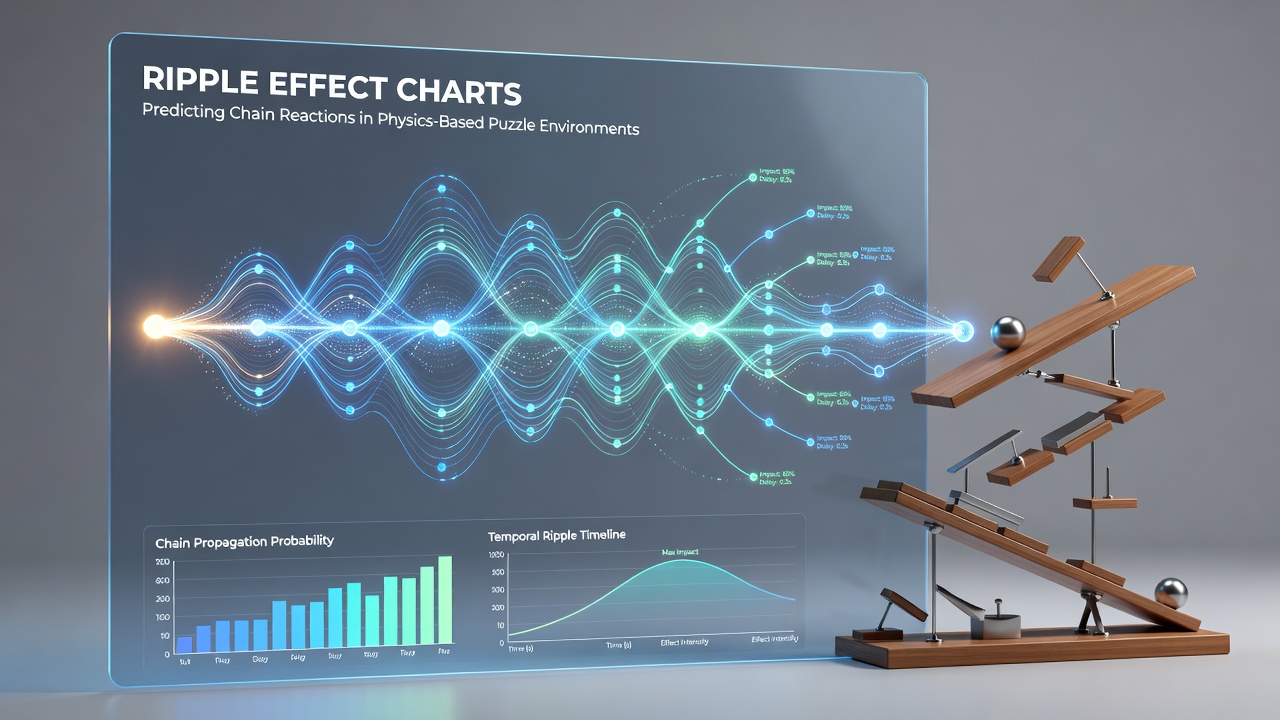 Interactive ripple effect chart interface displaying layered reaction paths and timing data for a multi-object physics chain in a puzzle level editor