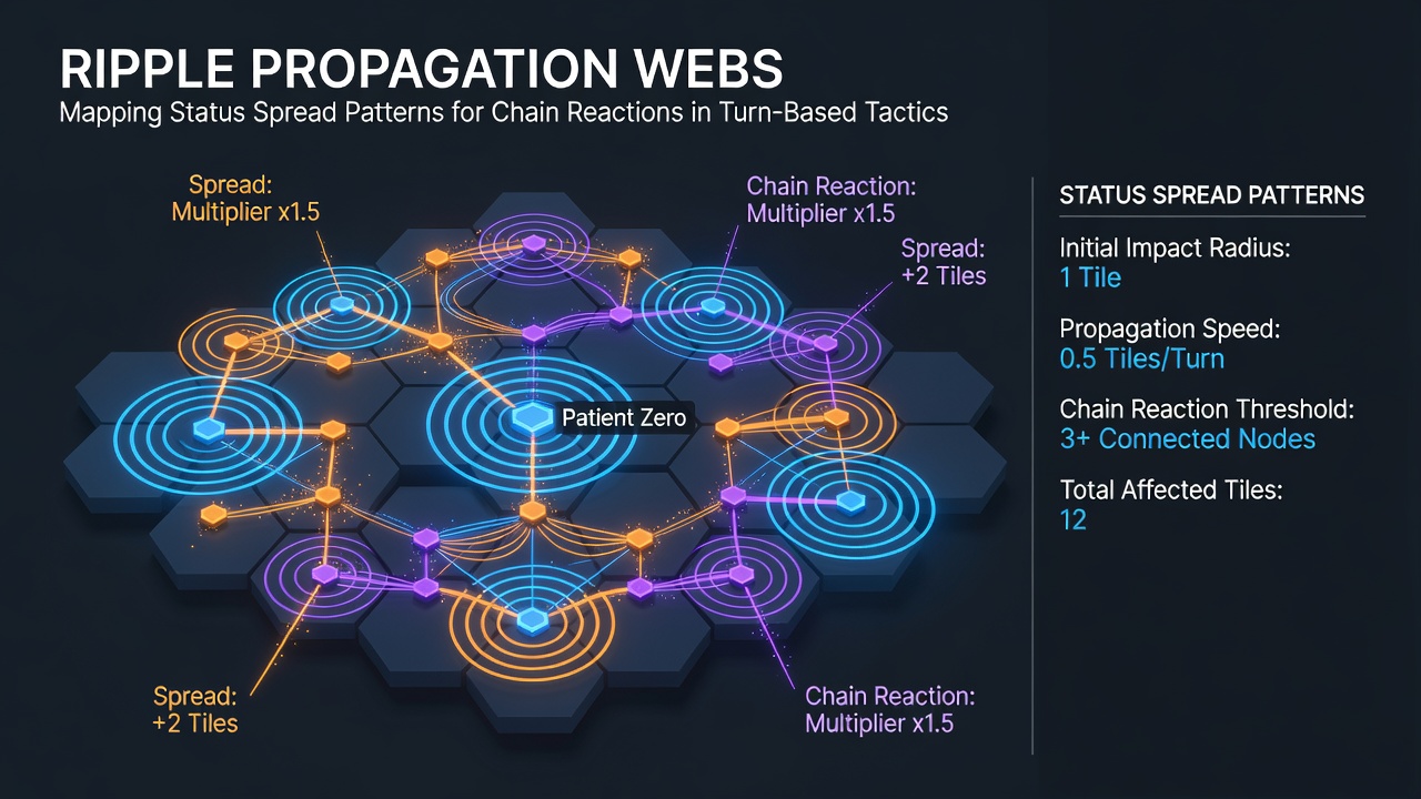 Visualization of mapped status spread patterns with highlighted chain reaction nodes in a sample turn-based campaign