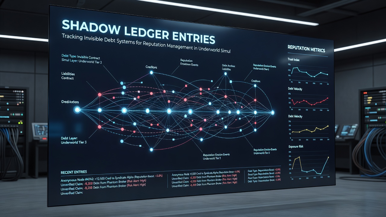 Screenshot-style view of reputation management dashboard in an underworld simulator highlighting indirect debt influence indicators and faction response logs