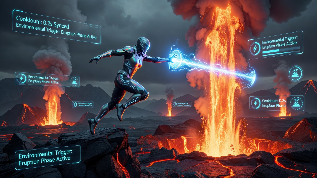 Player character timing an ability cooldown during a storm event in an action-adventure game environment