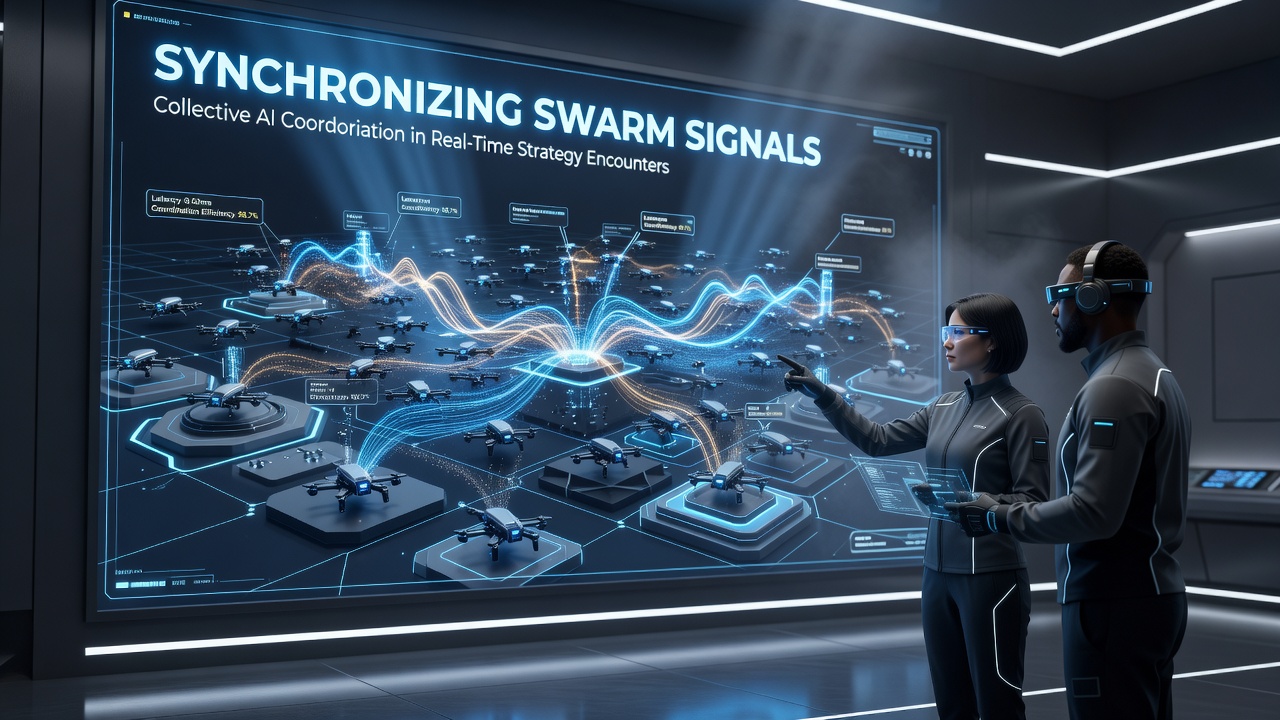 In-game screenshot of AI swarm units executing a coordinated pincer movement in a large-scale RTS encounter