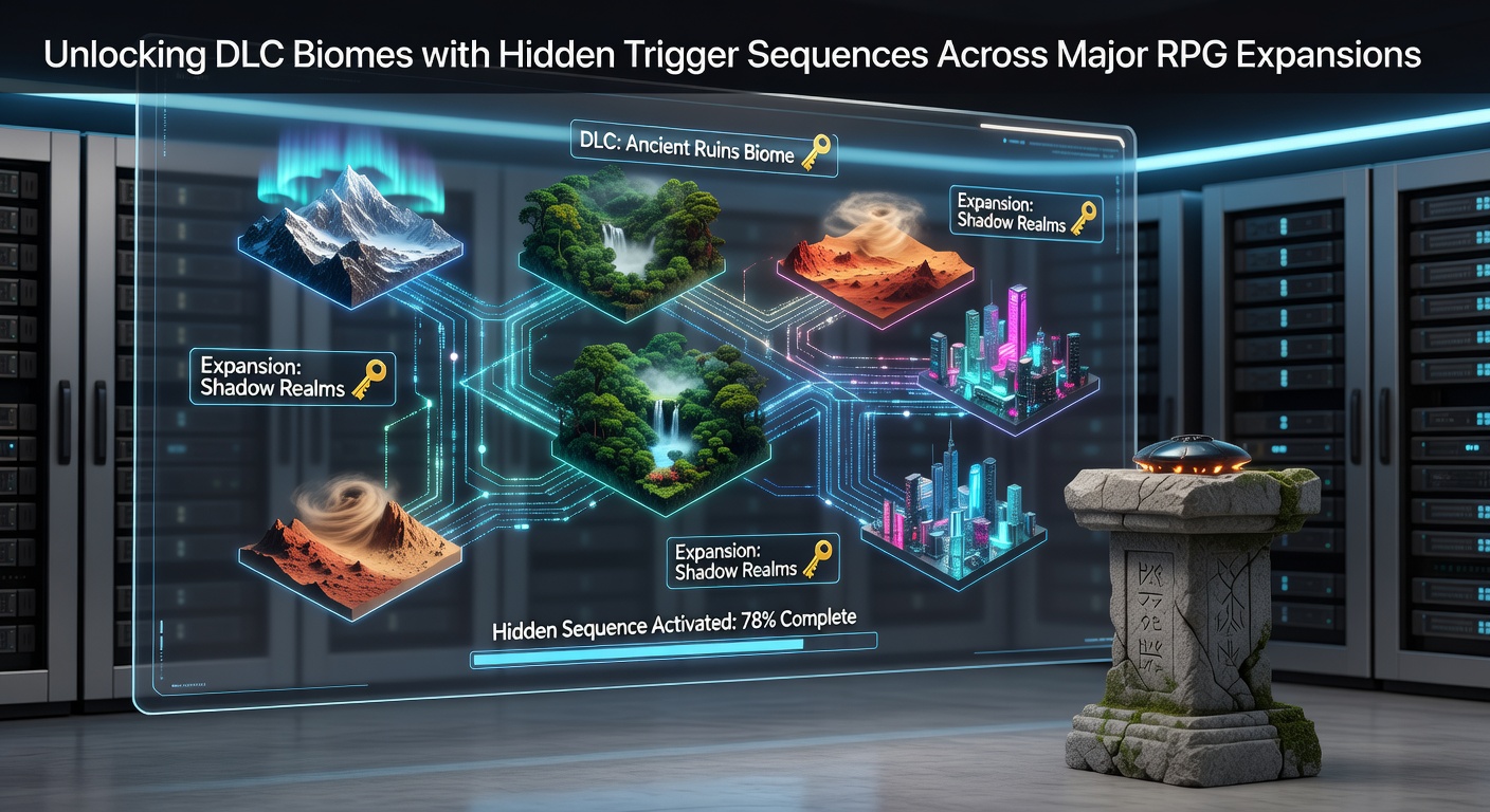 A vibrant DLC biome in an RPG expansion, featuring lush, hidden landscapes unlocked via intricate trigger sequences