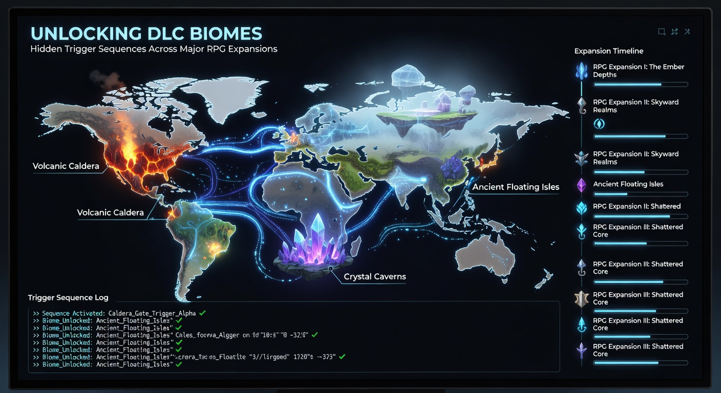 Players executing a hidden trigger sequence in a major RPG DLC, activating a portal to a secret biome filled with exotic creatures and treasures