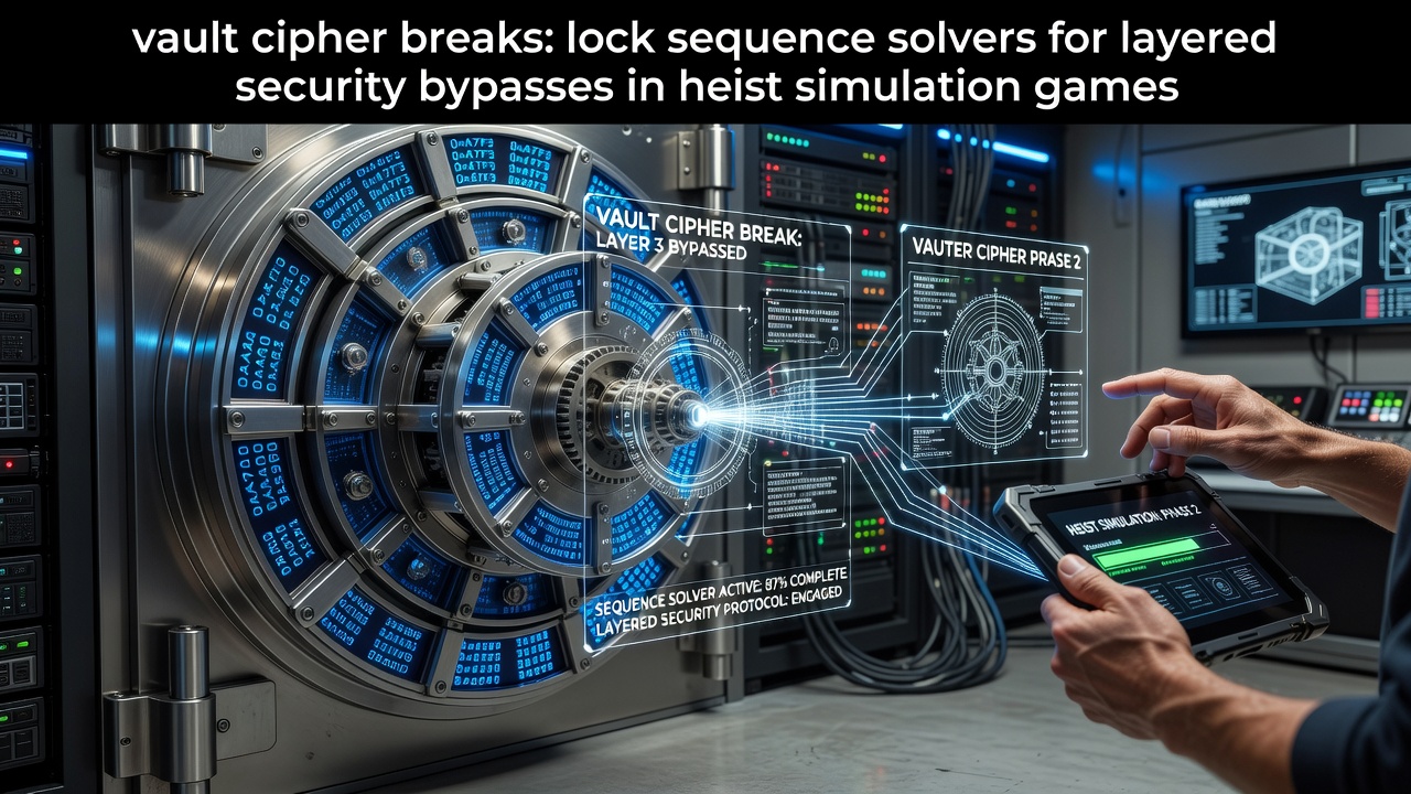 Detailed view of a vault lock interface with cipher sequence indicators in a heist simulation game environment