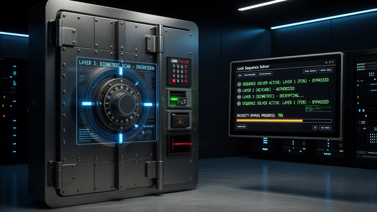 Team coordination screen showing multiple players solving interconnected vault security layers in a heist simulation