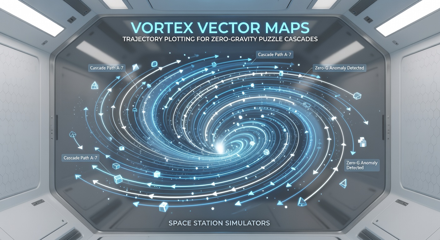 A detailed vortex vector map overlay showing trajectory lines and cascade points in a zero-gravity space station simulator environment