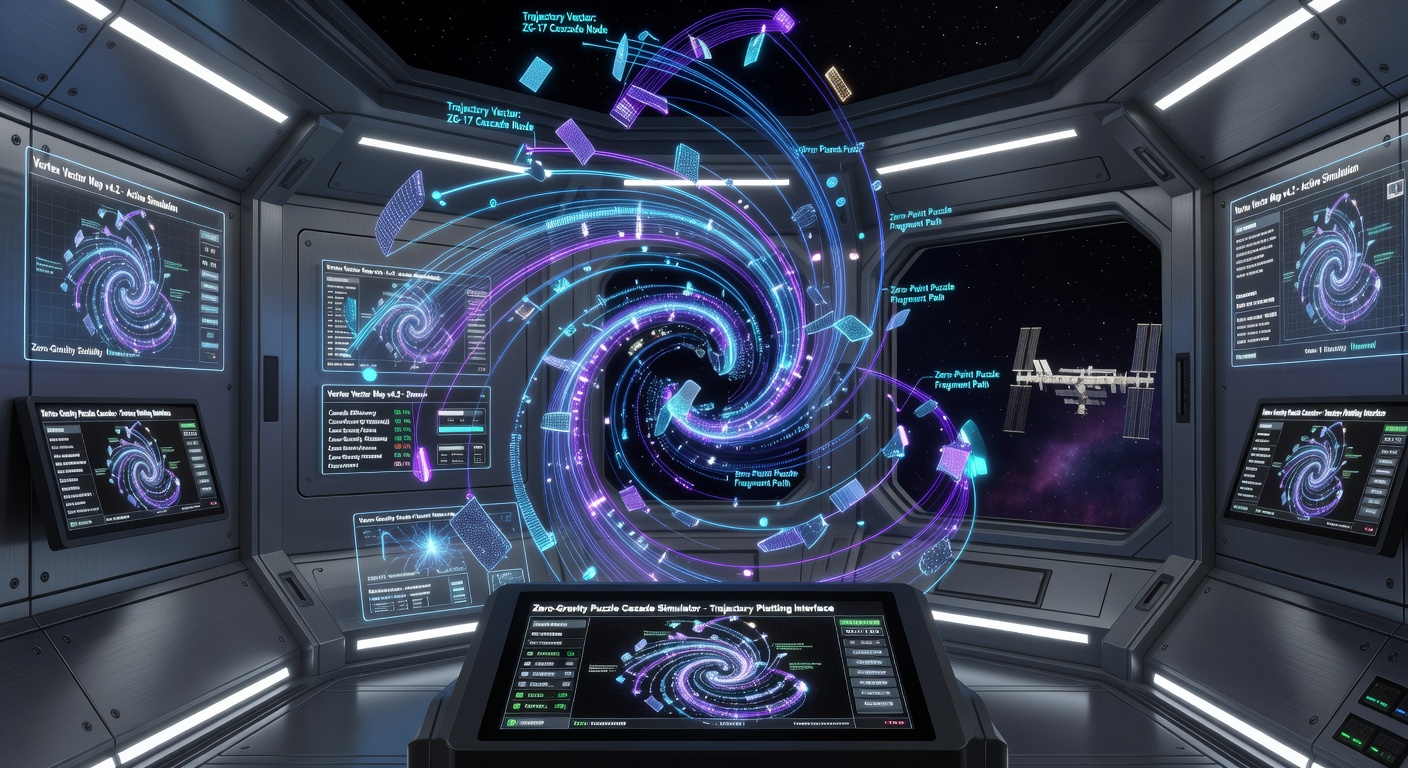Interactive trajectory plotting interface displaying vortex vector fields and predicted cascade outcomes during a zero-gravity puzzle sequence
